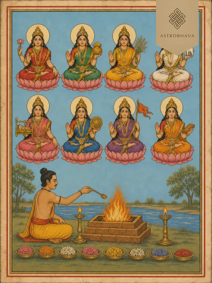 Vintage devotional illustration of the eight Ashtalakshmi forms seated on lotuses above a sacred Homa fire