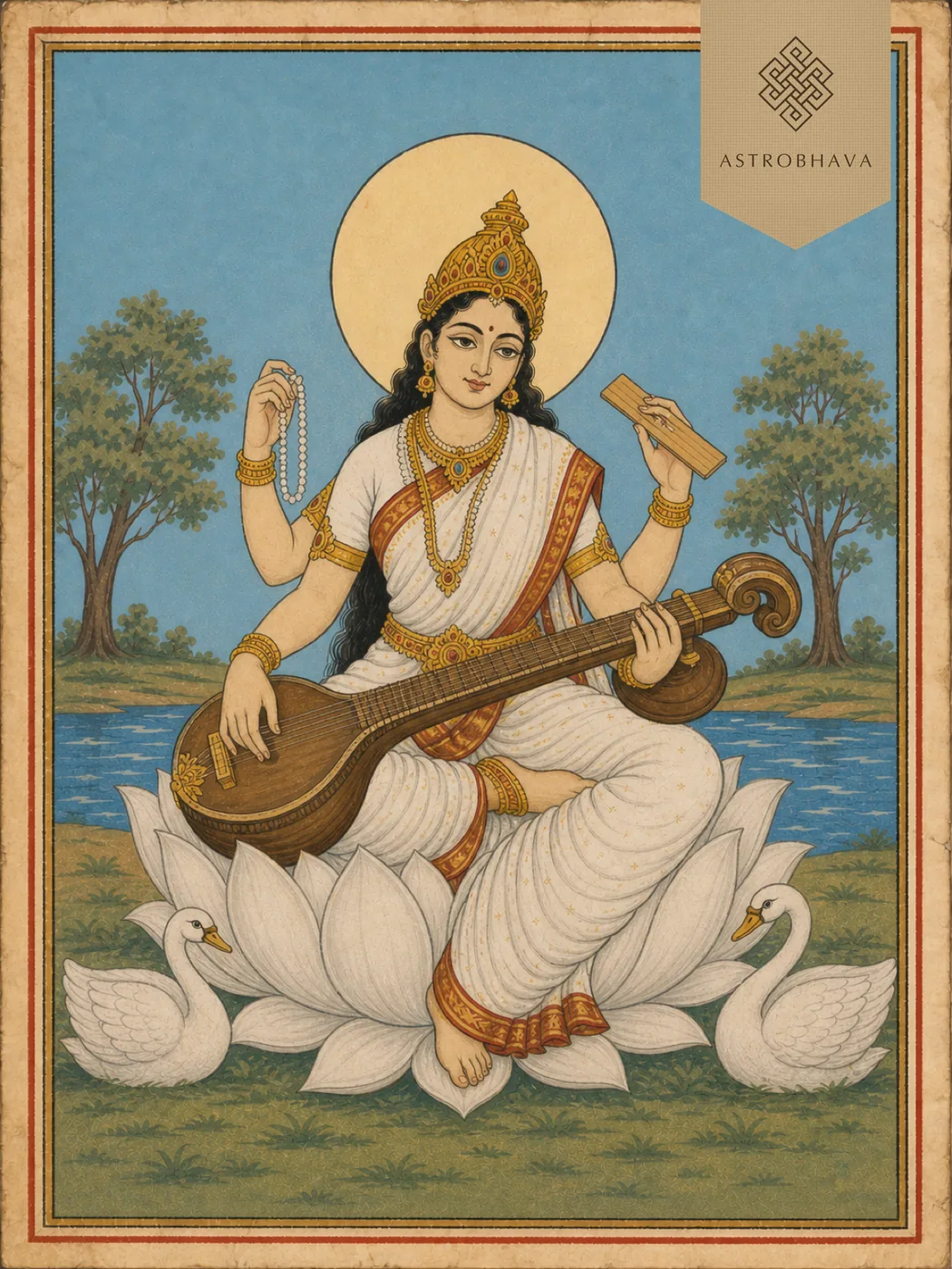 Vintage devotional illustration of four-armed Goddess Saraswathi playing a veena with two white swans