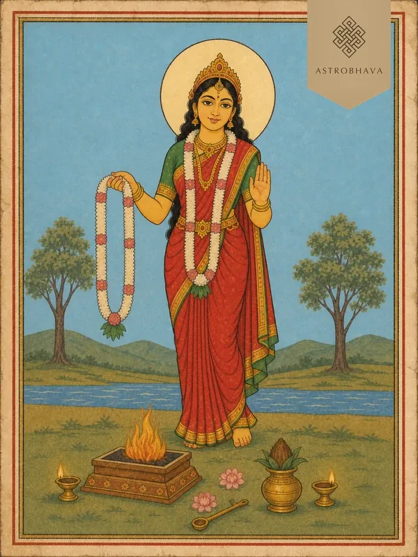 Vintage devotional illustration of Goddess Swayamvara Parvati holding one wedding garland and giving a blessing behind a Homa altar