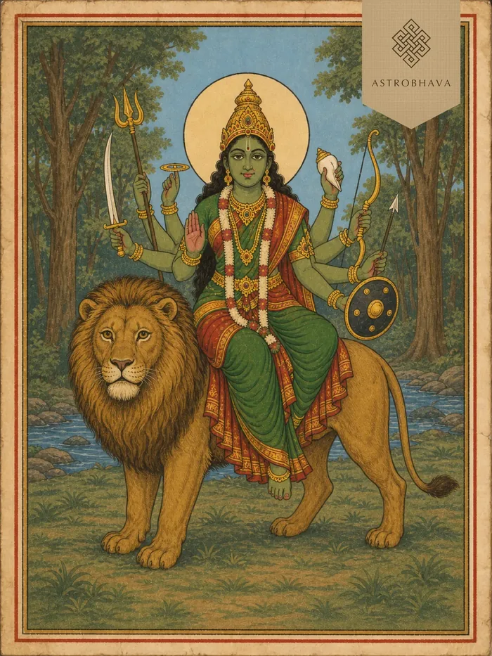 Vintage devotional illustration of eight-armed Goddess Vana Durga riding a lion in a forest