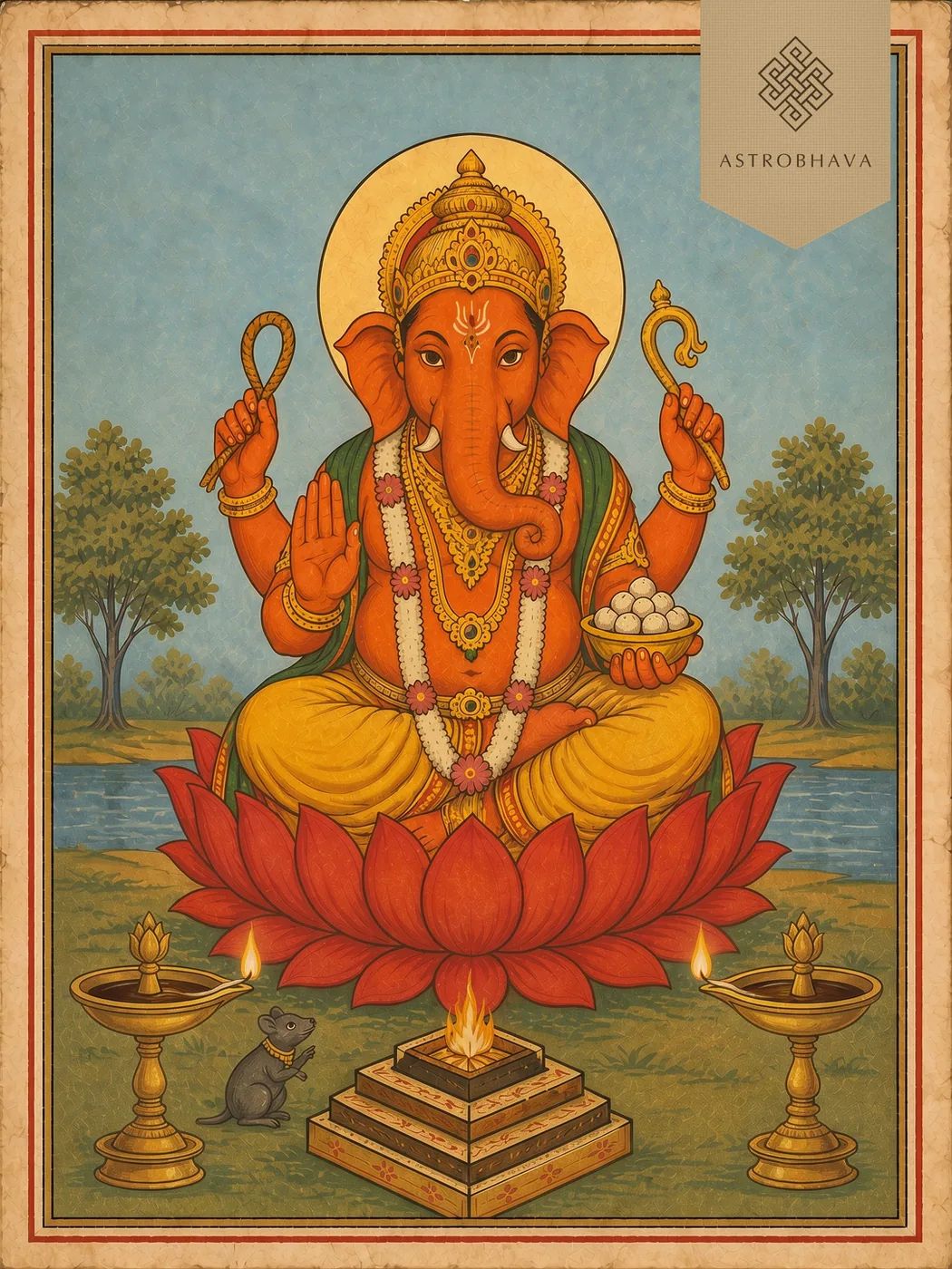 Vintage devotional illustration of four-armed Lord Ganesha with noose, goad, blessing hand and modaks above a Karya Siddhi Homa altar