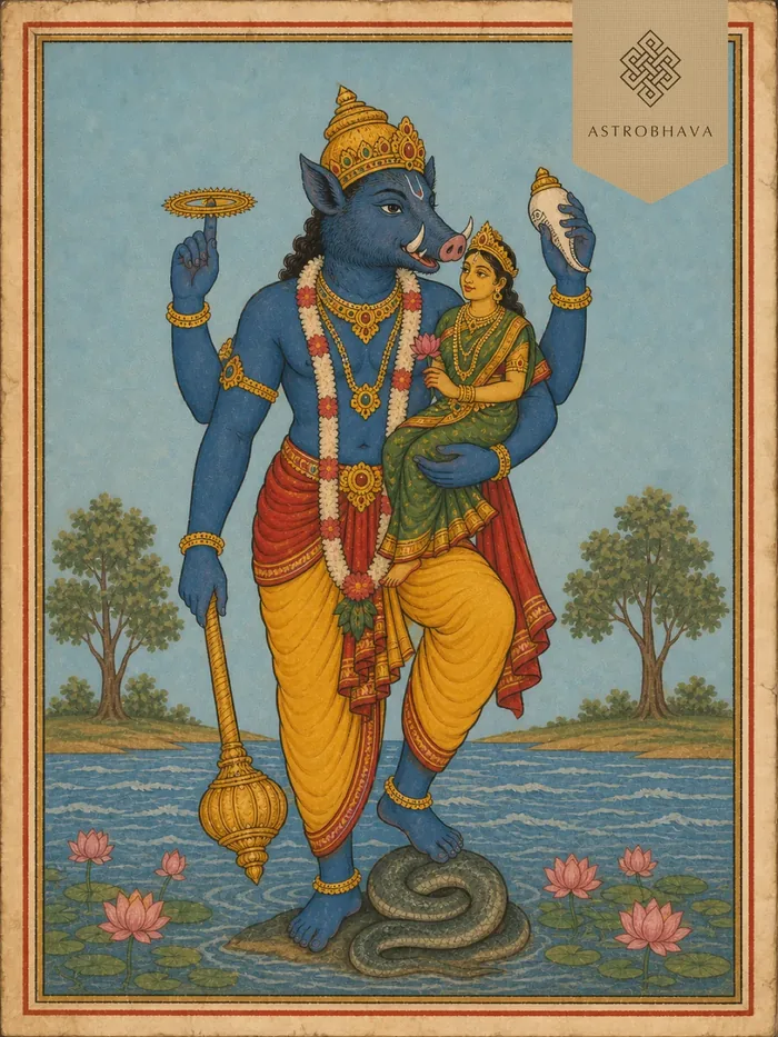 Vintage devotional illustration of four-armed Lord Bhoo Varaha carrying Goddess Bhoomi Devi above the ocean