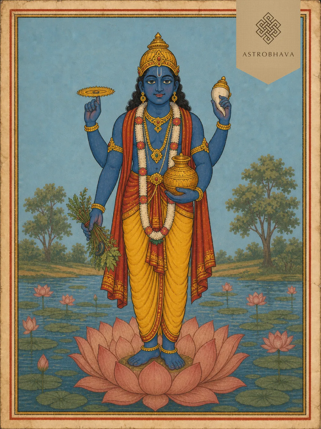 Vintage devotional illustration of four-armed Lord Dhanvantari holding amrita and medicinal herbs