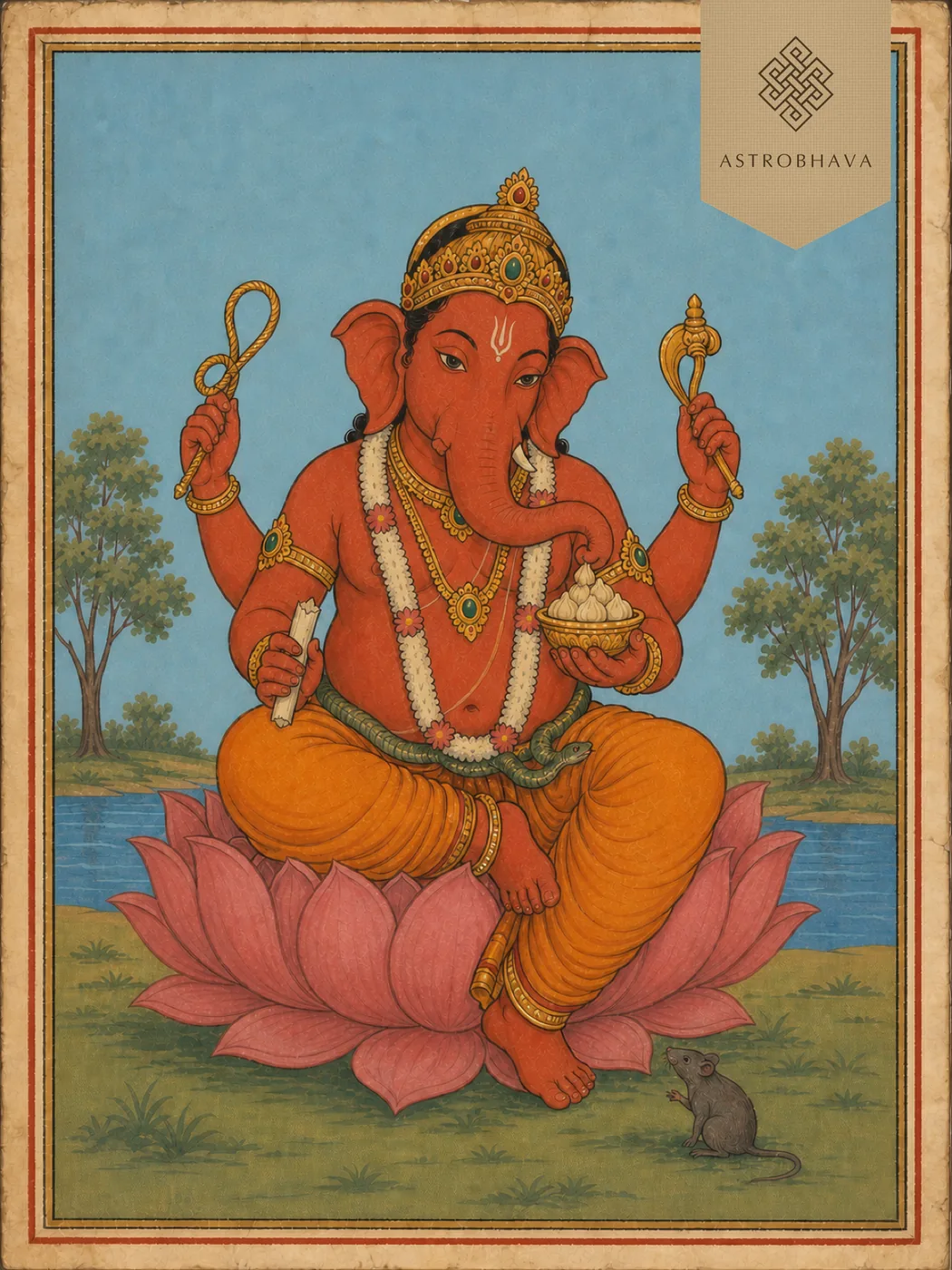 Vintage devotional illustration of four-armed Lord Ganapathi holding a noose, goad, broken tusk and modaks
