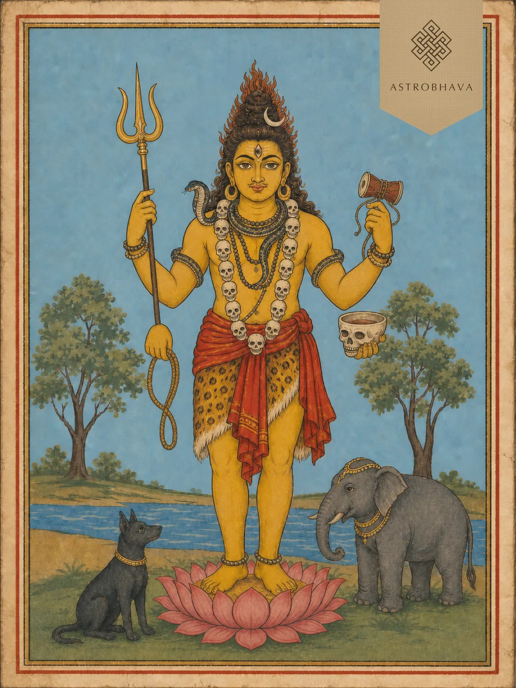 Vintage devotional illustration of four-armed Lord Kapala Bhairava with an elephant and black dog