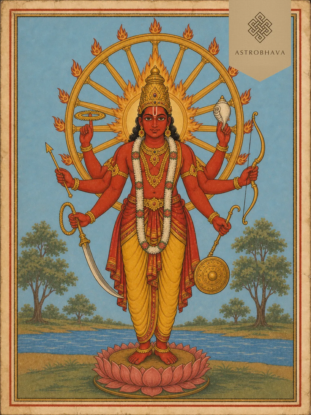 Vintage devotional illustration of eight-armed Lord Sudarshana Chakra Perumal within a flaming sacred wheel