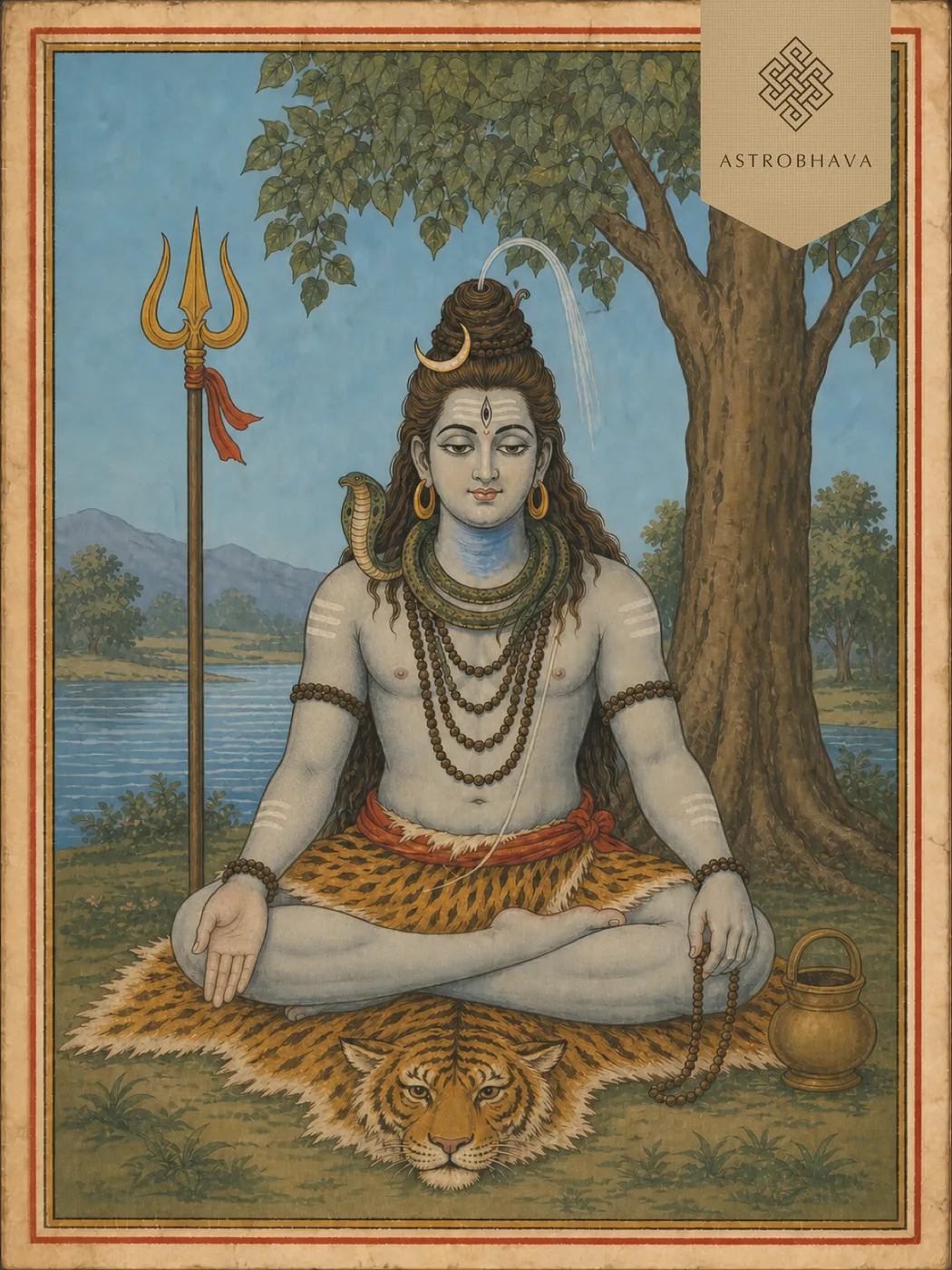 Vintage devotional illustration of three-eyed Lord Tryambaka Shiva meditating beneath a bilva tree