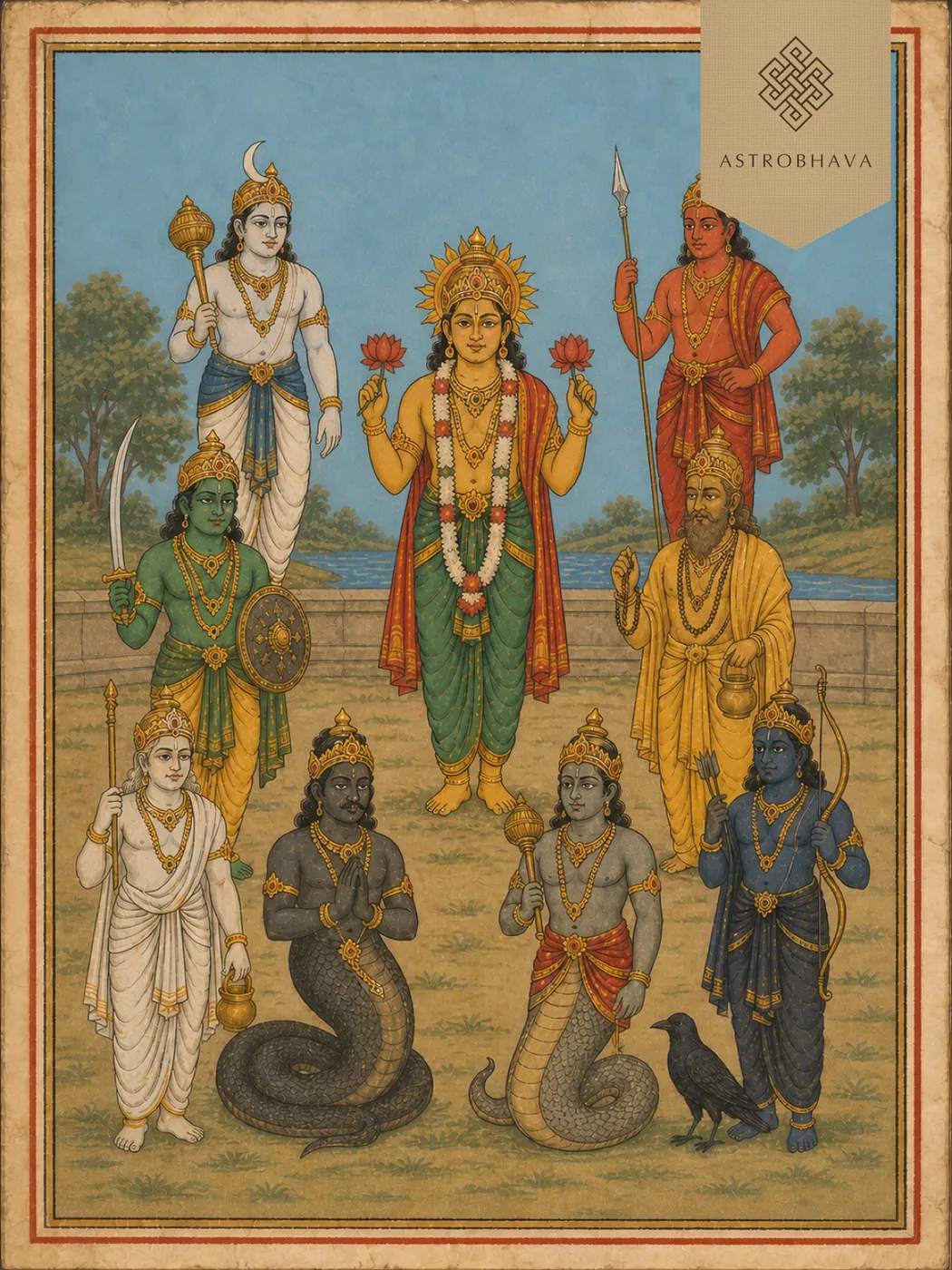 Vintage devotional illustration of the nine Navagraha planetary deities gathered around Lord Surya